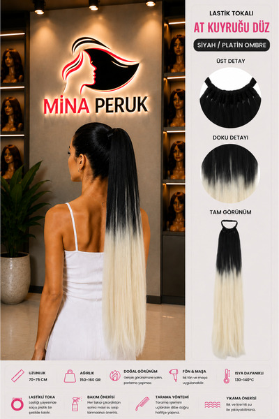 Mina Peruk Siyah / Platin Ombre Düz At Kuyruğu – Tokalı Lastikli Sentetik Saç