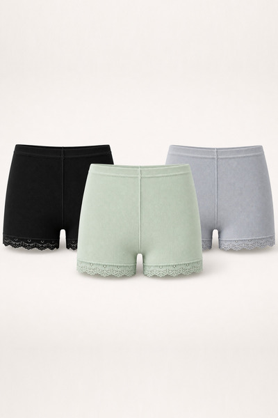 İncili Tekstil Women's 3-Piece Lace Long Ribbed Boxer Shorts - Cotton Stretch...