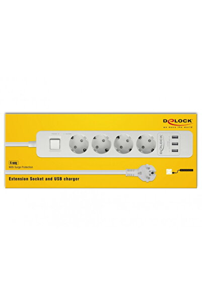 DELOCK Prelungitor cu protectie 4 prize 16A si 3 x USB 5V/2.4A 1.5m Alb, 11206