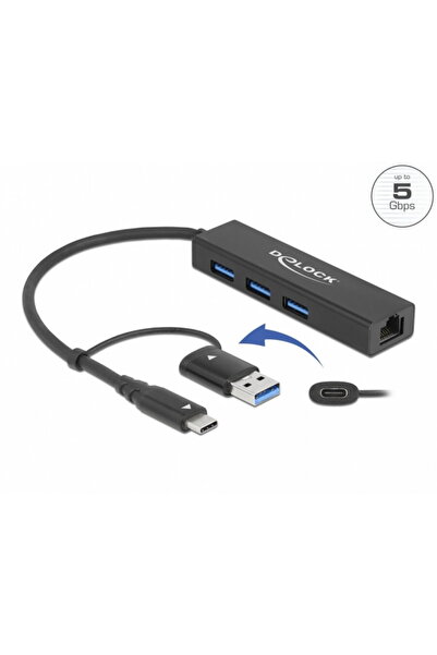 DELOCK HUB USB 3.2 Gen1 A+C la 3 x USB-A + Gigabit LAN, 64149