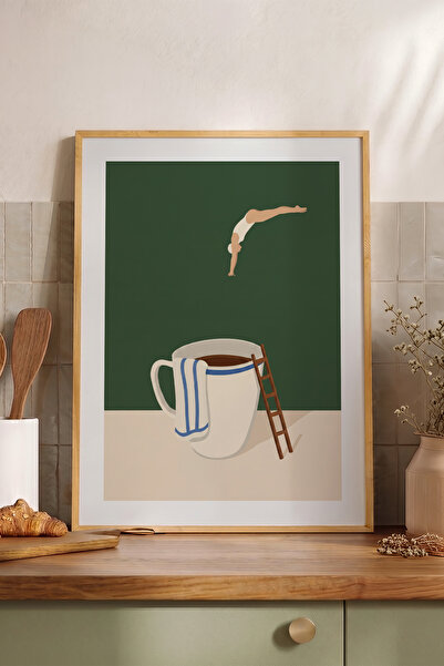 Pena Tablo Sürrealist Kahve Fincanı Tablosu Ahşap Çerçeveli - Minimalist Kafe...