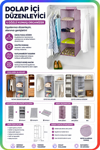 FırsatVar Katlanabilir Kumaş Dolap İçi Düzenleyici 4 Gözlü Organizer ile Eşya...