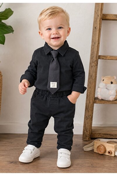 Asila Baby Tie-up lycra snap-fasten denim shirt, lycra denim pants, and tie 3...