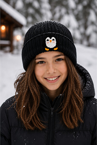 byebruketenci Black Wool Children's Beret with Penguin Animal Figure and Punc...