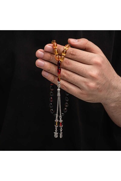 Inure Jewelry Ασημένια φούντα που σφίγγει κεχριμπαρένιο ροζάριο
