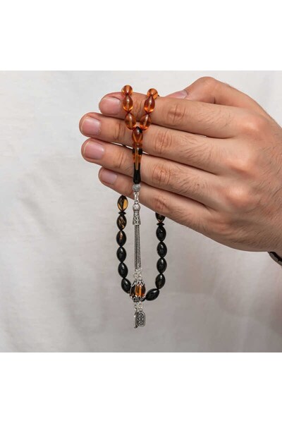 Inure Jewelry Ασημένια φούντα που σφίγγει κεχριμπαρένιο ροζάριο