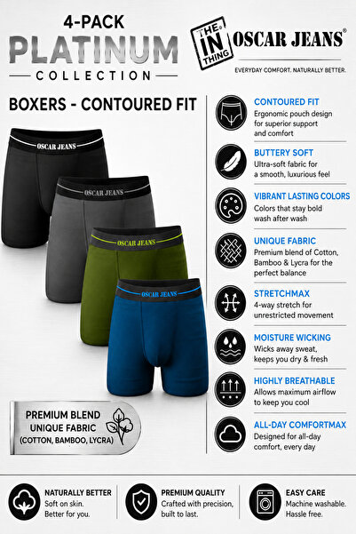 OSCAR JEANS 4-Pack Men's Underwear Boxers Contoured Fit Cotton Bamboo Lycra S...