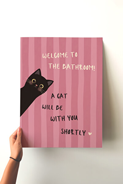 Pena Tablo Komik Kedili Banyo Tablosu - Çerçevesiz Pembe Welcome To The Bathr...