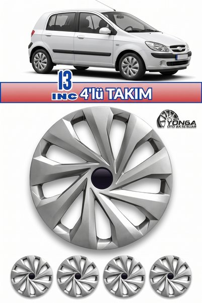 YONGA OTO AKSESUAR HYUNDAİ GETZ Uyumlu 13 İnç Jant Kapağı Kırılmaz 4'lü + 4 Amblem + 8 Cırt Kelepçe