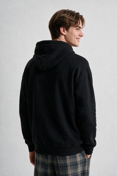 ELAFRO Men's Black Hooded Sweatshirt with Kangaroo Pocket and 3-Thread Fleece Inside