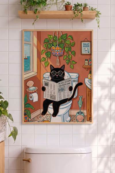 Pena Tablo Komik Banyo Tablosu - Ahşap Çerçeveli Klozette Gazeteli Kedi Duvar...