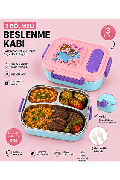 MUZEKO 3 Bölmeli Paslanmaz Çelik Yemek Kabı Sızdırmaz Kapaklı, Taşınabilir Be...