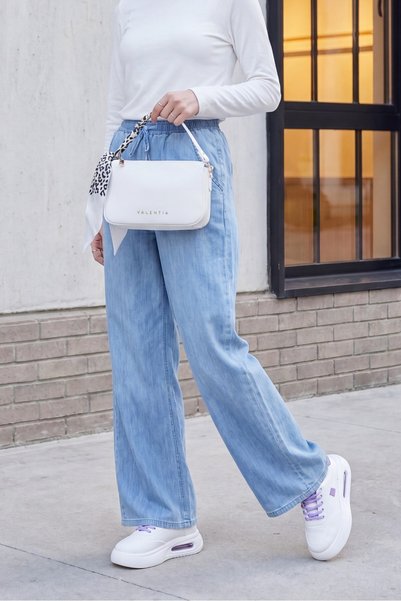 Generic Brand Wide Leg Flowy Oversize Jeans with Elastic Waist and Pockets - ...