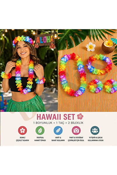 BeySüS Aloha Hawaii Çiçek Seti (Boyunluk, Taç ve 2 Bileklik)