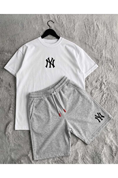 MODA 2'li NY Baskılı Ünisex Beyaz T-Shirt Gri Şortlu Takım