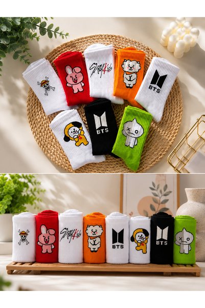 çorapdunyam 8-Piece Cotton Bts Emoji Colorful Design Socks Set Perfumed