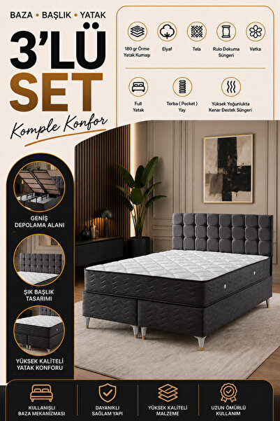 beehanem Bengü Antrasit 160x200 Çift Kişilik Yatak+Baza+Başlık 3'lü Set Sandı...