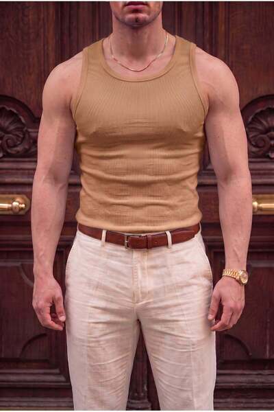 Teenage Millionaire Men's mustard colored halter neck ribbed lycra tank top