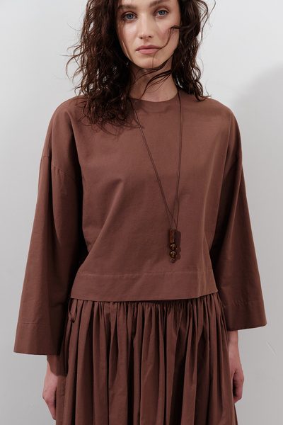 Manuka Cotton Crop Long Sleeve Bluz Hot Brown