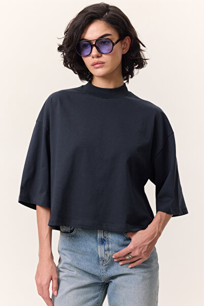 Manuka KURZARM-CROP-T-SHIRT MARINEBLAU