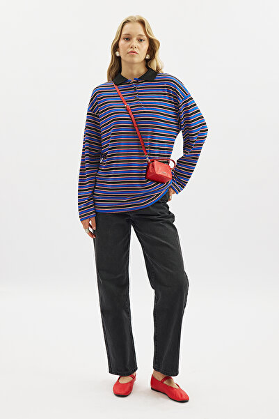 Manuka Striped Polo Collar Sweatshirt Blue