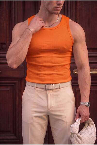 Teenage Millionaire Men's orange halter neck ribbed lycra tank top