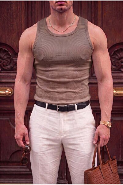 Teenage Millionaire Men's Mink Colored Halter Collar Ribbed Lycra Undershirt