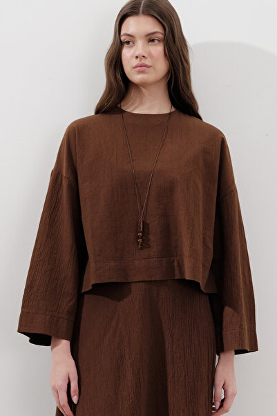 Manuka BLOUSE Z BAVLNY S ŠIROKÝMI RUKÁVY, KROPOVÁ DÉLKA, HNĚDÁ