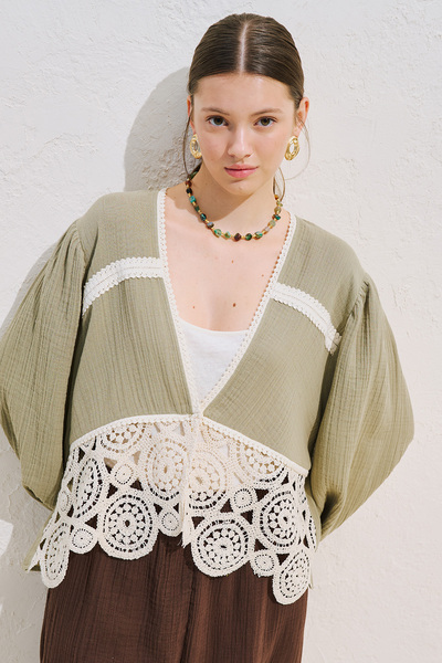 Manuka Lace-Detail Muslin Bluz Adaçayi