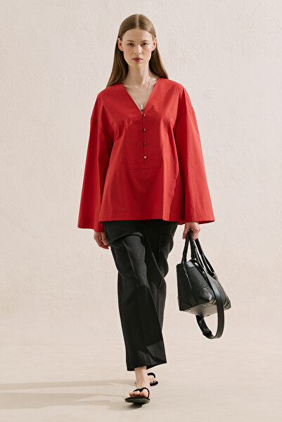 Manuka Poplin Wide Sleeves V-Neck Shirt Red