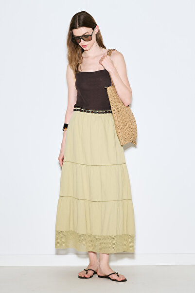 Manuka Textured Embroidered Fold Long Skirt Soft Green