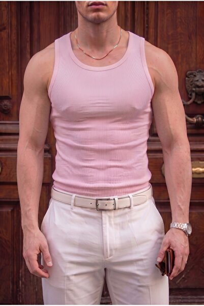 Teenage Millionaire Men's pink color halter neck ribbed lycra tank top