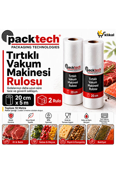 Packtech Tırtıklı Rulo Vakum Makinesi Poşeti- Torbası 20 Cm X 10 Metre
