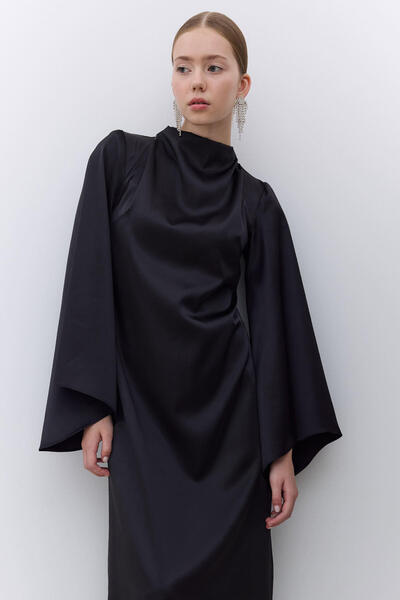 Manuka Saten Wide Sleeve Evening Dress Black