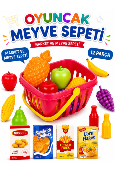 a v d a 12 Parça Renkli Market Sepeti Ve Oyuncak Meyve Sebze Seti - Eğitici A...
