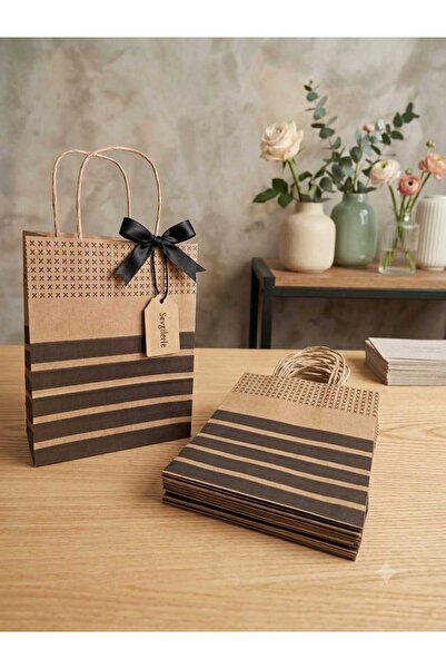 HDF PAZARLAMA 25 ADET SİYAH DESENLİ 18*8*24 KRAFT ÇANTA (ETİKET,KURDELA HARİÇ)