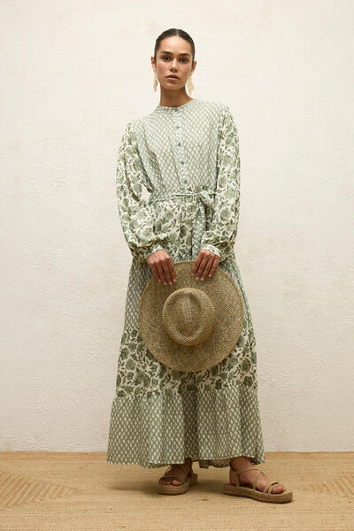 Manuka Patterned Layered Viscose Dress GREEN SIMONE