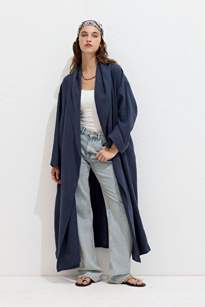 Manuka Hooded Linen Trench Coat Navy Blue