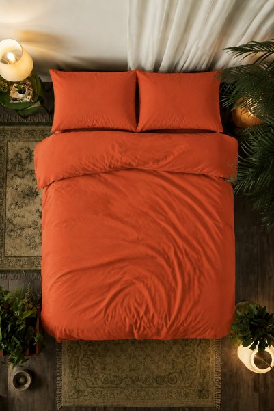 Karden Flower Plain 100% Cotton Double Duvet Cover Set - Tile