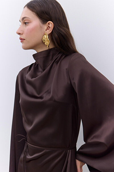 Manuka Saten Wide Sleeve Evening Dress Brown