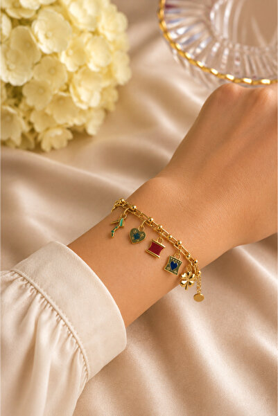 Bymiel Women's Gold Plated Colorful Charm Double Chain Bracelet with Lucky Fi...