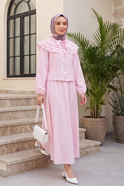 Modamorfo Wide Collar Tie-Up Sleeve Elastic Skirt Lined Poplin Suit - Pink
