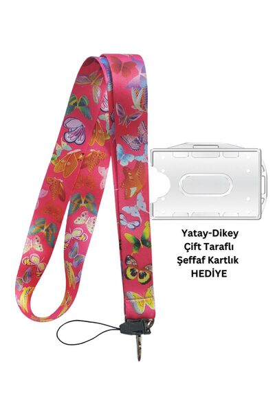 doktorbonem Pink Butterflies Card Strap Κάρτα Ονομασίας Λαιμόκοψη Κορδόνι Τηλ...