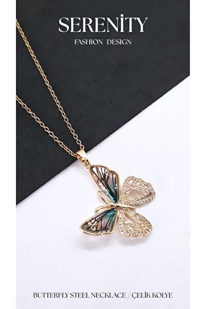 Serenity Zircon Stone Open Wing Butterfly Steel Necklace