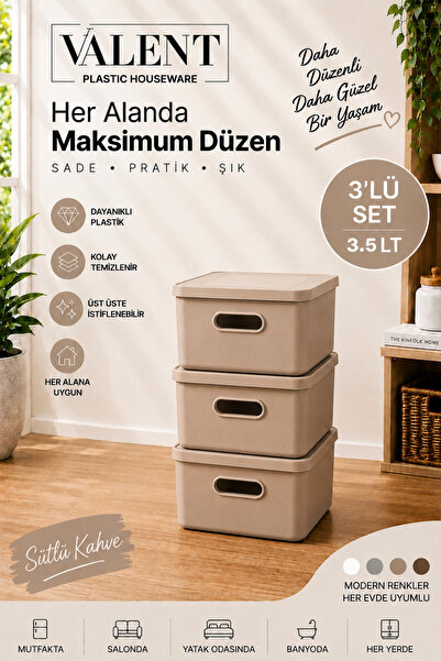 VALENT Nero 3.5 Lt 3'lü Çok Amaçlı Kapaklı Organizer Kutu Makyaj Banyo Mutfak...