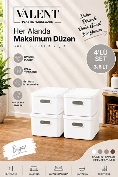 VALENT Nero 3.5 Lt 4'lü Çok Amaçlı Kapaklı Organizer Kutu Makyaj Banyo Mutfak...
