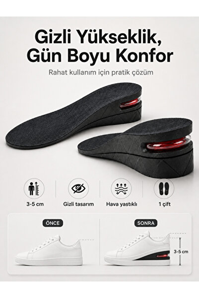 TEYYE Hava Yastıklı 5 cm Tam Boy Tabanlık Gizli Topuk Uzatıcı