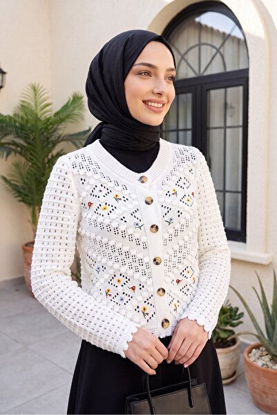 Modamorfo Openwork Ecru Knitwear Cardigan - Floral Embroidery and Pompom