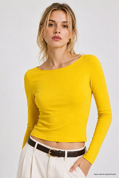 WILD BEE Women's Yellow Boat Neck Long Sleeve Blouse