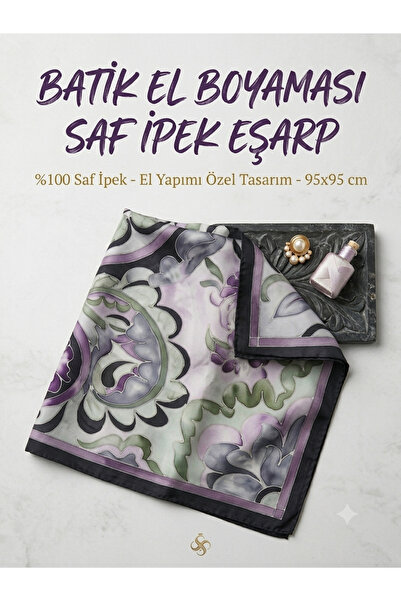 Batik El Boyaması %100 Saf İpek Eşarp 95x95 cm - Mor Yeşil Desenli Lüks Şal